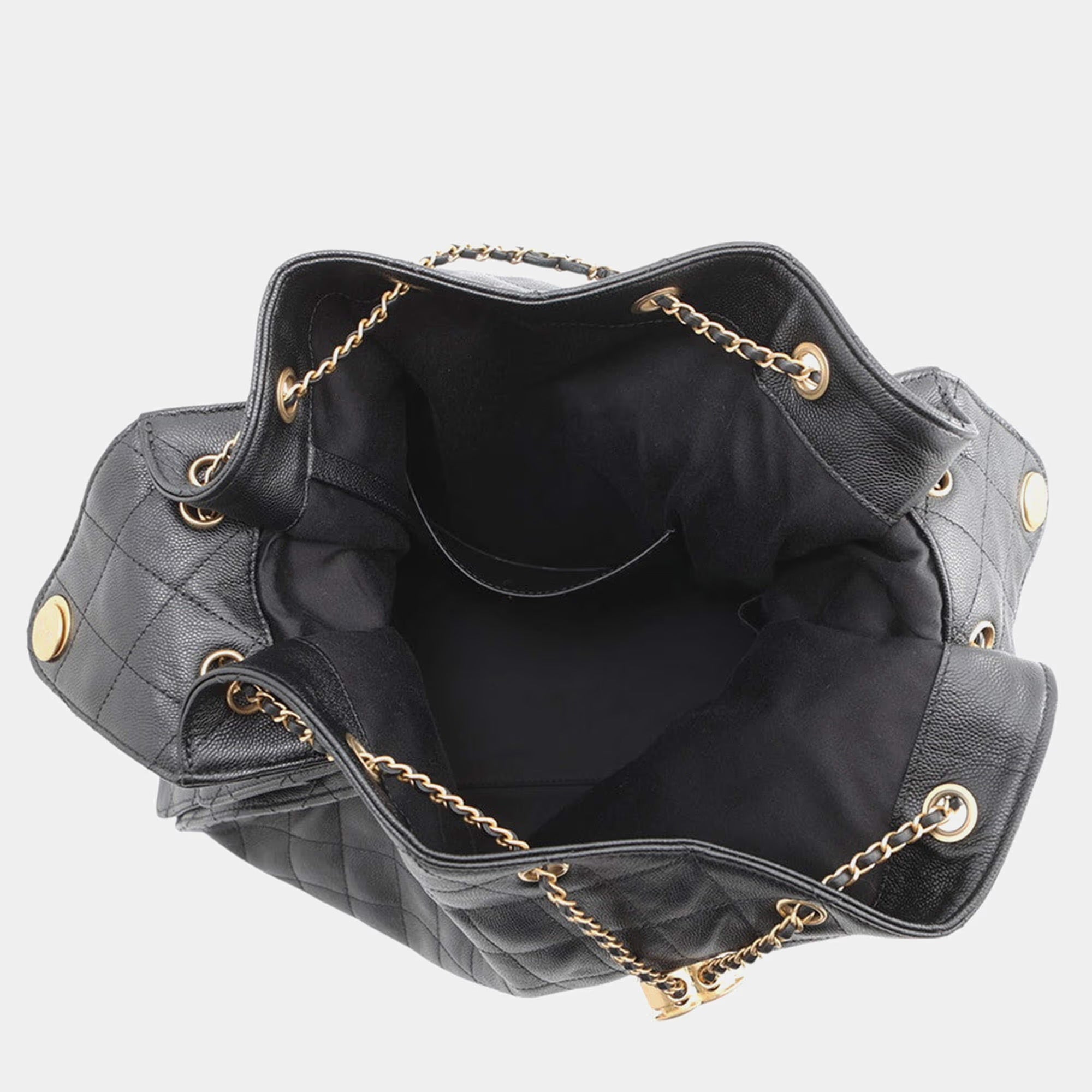 Chanel 22 Large Black Quilted Caviar Leather Drawstring Bag