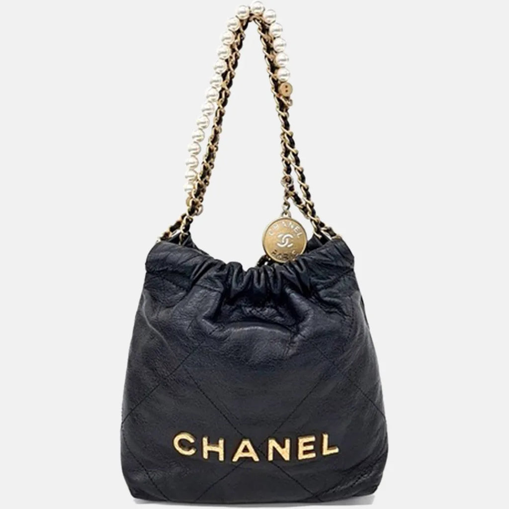 Chanel 22 Large Black Quilted Caviar Leather Drawstring Bag