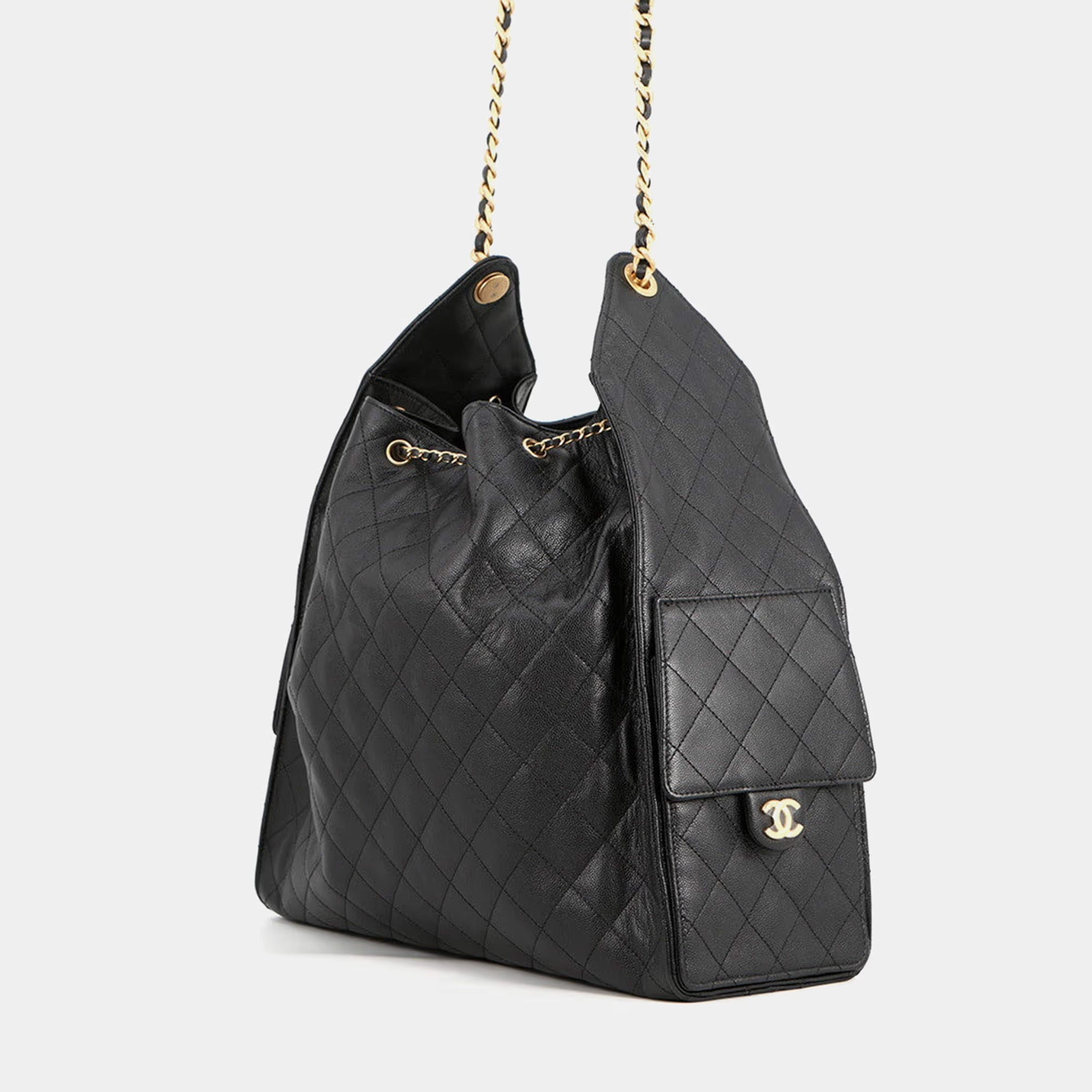 Chanel 22 Large Black Quilted Caviar Leather Drawstring Bag